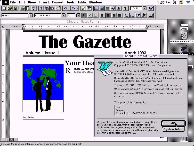 A historical screenshot of Microsoft Word for Mac 1995