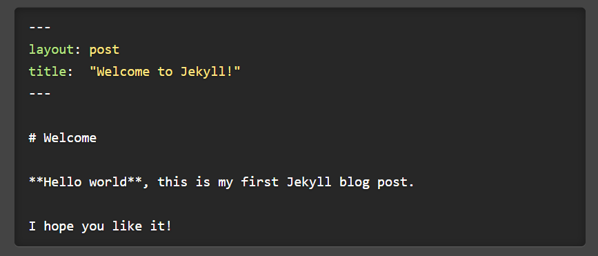 a screenshot of a jekyll blog post, which includes yaml front matter and markdown content